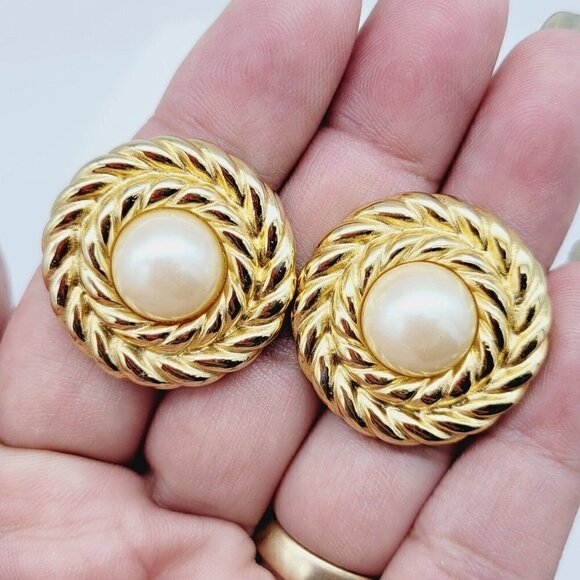 Vintage Givenchy Faux Pearl Button Earrings Post Back Polished Gold Tone Couture - Picture 3 of 6